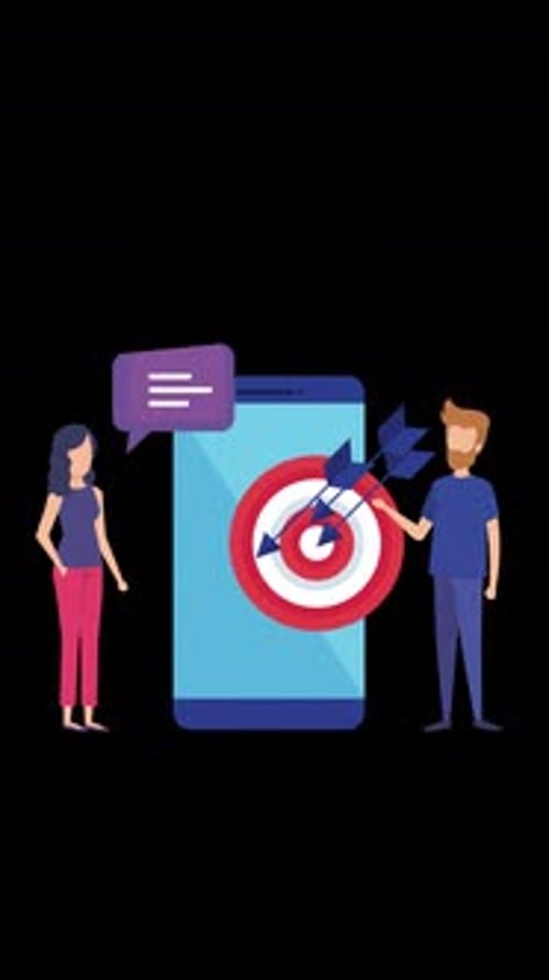 Two Businessmen Talking With Phone Appearing And Arrow Hitting Target On Vertical On Alpha Channel