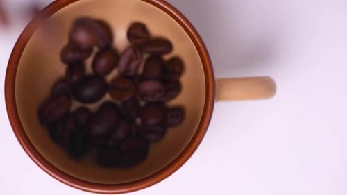 Coffee Beans Filling Mug on White Background