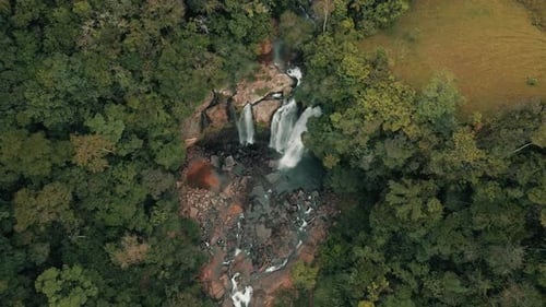 Lush Rainforest Waterfall Aerial View on Overcast Day