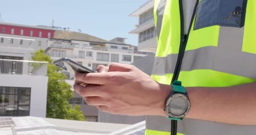 Hands, phone and texting outdoor for engineer, networking or chat for construction site report