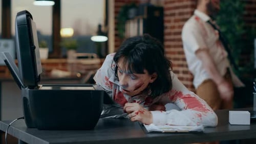 Zombi tonto de aspecto espeluznante tratando de usar una fotocopiadora