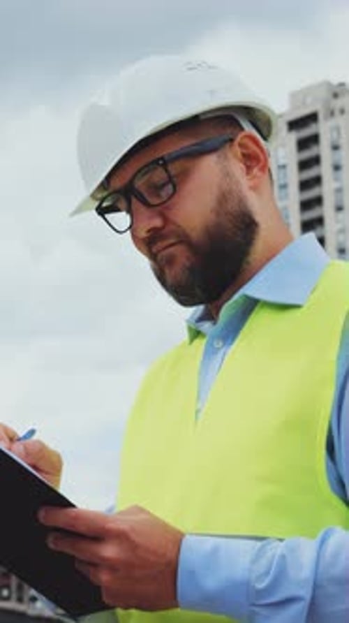 Vertical Screen Bearded Inspector at Construction Site Making Notes on Paper