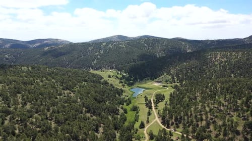 Vue aérienne des arbres, des collines et du lac (2)