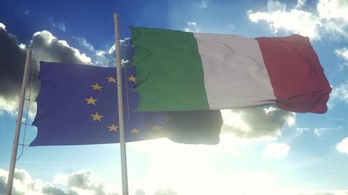 Italy and European Union Flags Waving in Bright Cloudy Sky
