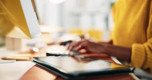 Person, hands and web designer with tablet for research, digital design or development at office