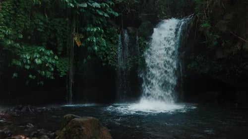 Tropical Waterfall Cascading into Lush Pool
