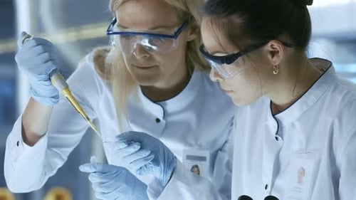 Scientists working in laboratory using pipette and microscope