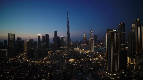 Aerial view of Dubai skyline with Burj Khalifa, United Arab Emirates.