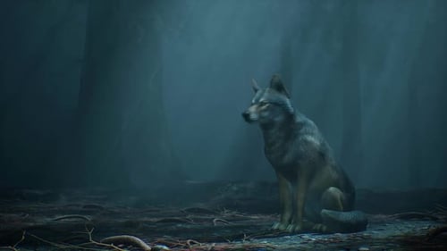 Wolf Stands Alone In A Foggy Forest Illuminated By Soft Light