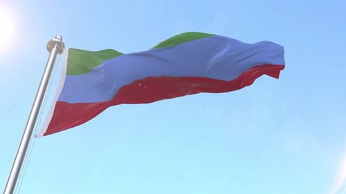 Dagestan National Flag Waving with Bright Blue Sky Background