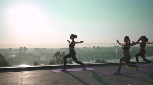 Female Silhouettes Stand in Yoga Virabhadrasana Warrior Pose at Group Class Outdoor