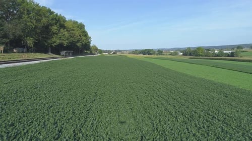 Aerial View Close up of Green Agricultural Farm Lands Next to a Rail Road Track in Amish Countryside