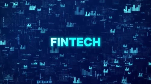 Concepto de FINTECH sobre un contexto financiero animado con gráficos, números y códigos matriciales
