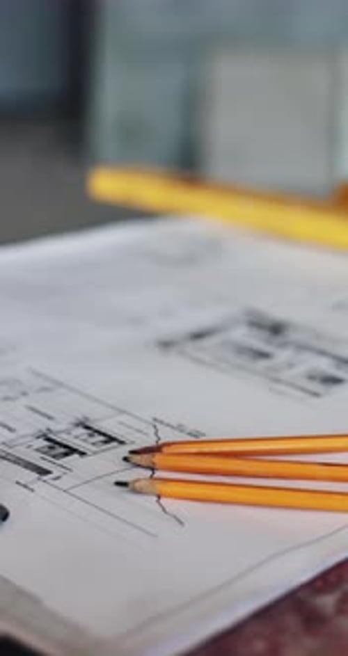 Documents, blueprint and empty office at construction site for design, drawing