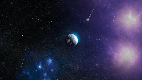 Meteor flying toward planet earth, outer space view