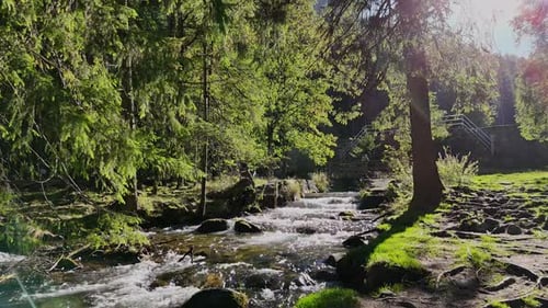 A Mountain River or Stream of Cool Clear Pure Water Flows Among Rocks and Mountains in the Mountains