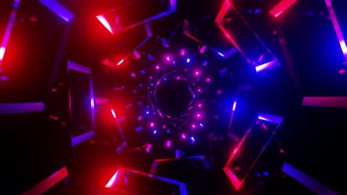 Seamless tunnel of abstract rectangles with flickering red and blue lights 3d render. Audio spectr
