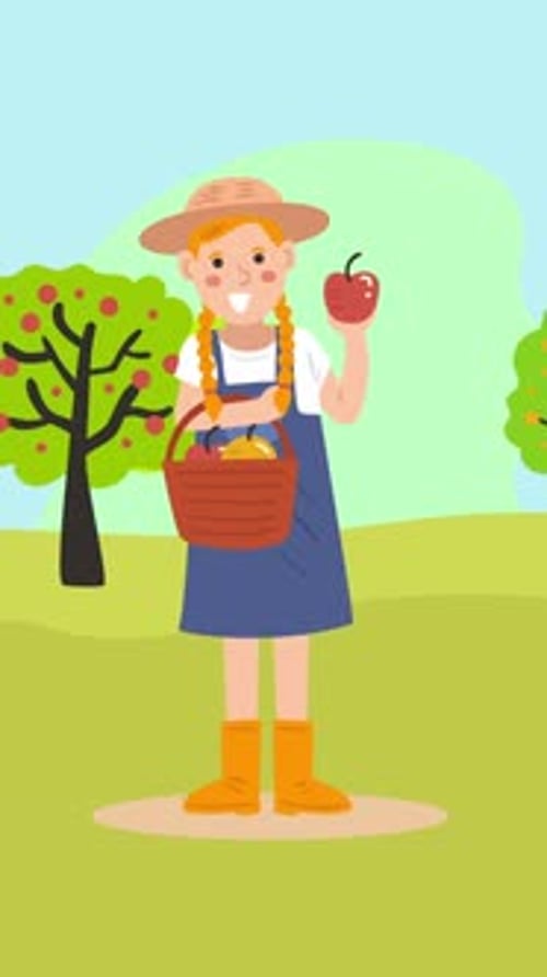 Animated Flat Design Farmer Holding Apple in Orchard