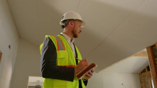 Man Inspecting Construction Site, Writing Notes