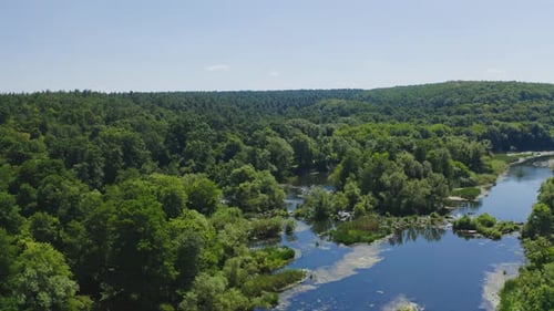 River in the forest. Flight over the beautiful blue lake on green trees background.