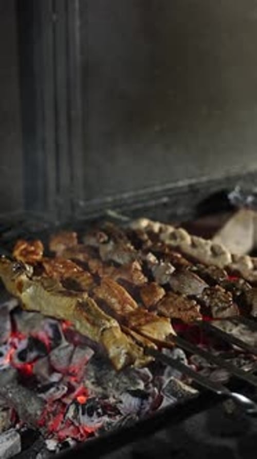 Meats Grilling Over Hot Coals on Skewers
