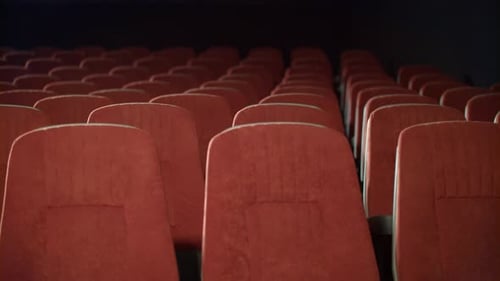 Rows Of Empty Seats In Cinema Theatre. Empty Armchairs In Theatre. Red Seats In Movie Theatre. Ci...
