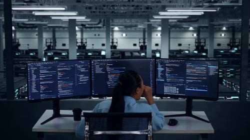 Tired Asian Woman Developer Yawning Before Sleeping While Write Code In Data Center