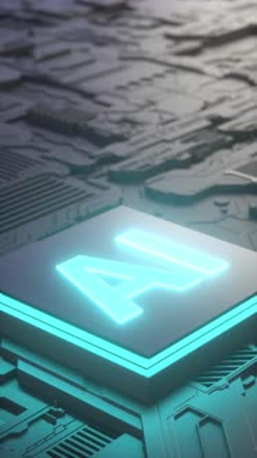 Placa de circuito y microprocesador AI, inteligencia artificial, animación 3D