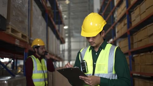 Blue collar workers are working at warehouse.