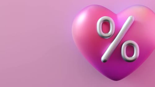 Pink, rotating heart with metallic percentage symbol on soft pink background