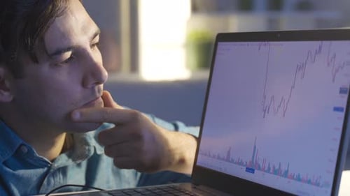 The broker monitors the stock sales statistics. Investment concept.