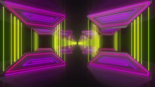 Dynamic neon tunnel perspective with glowing yellow and pink lights