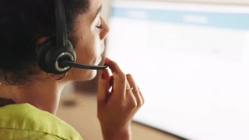 Call center, face and woman talking on computer for customer service, crm and help desk in office