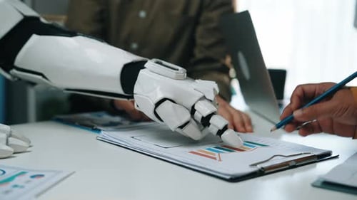 Business Team Collaboration with Robot Assistance in Office