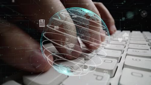 Digitale Netzwerkdarstellung des Globus mit Icons, die Technologie, Kommunikation und Verbindung symbolisieren