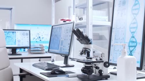 Modern Science Lab with Microscope and Computers