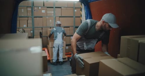 Team of Diverse Employees Unloading Delivery Truck with Cardboard Boxes Online Orders