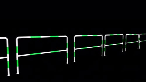 Neon green wireframe fence barrier glowing on black background technology concept