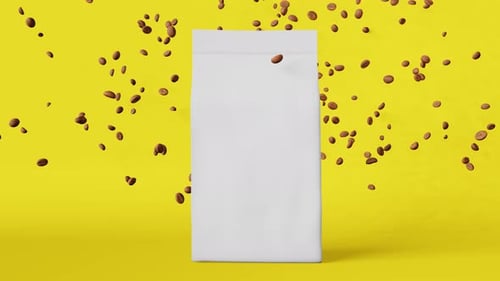 White matte pouch bags falling coffee beans 3D animation motion yellow design 4K Merchandise package