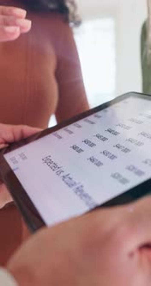 People, hands and conversation in office with tablet screen, finance statistics