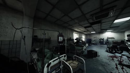 Abandoned Hospital Ward with Scattered Medical Equipment and Dim Lighting