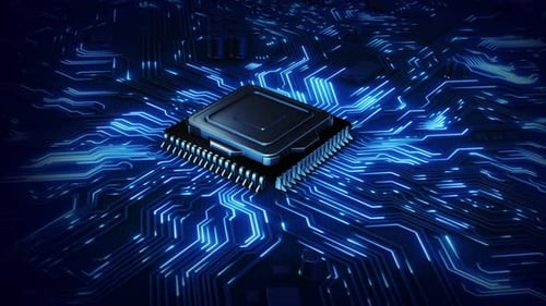 Futuristic CPU Processor and Circuit Board with Glowing Data Flow Animation