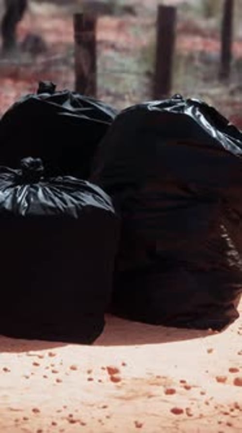 Closeup of Full Trash Bags on the Sand