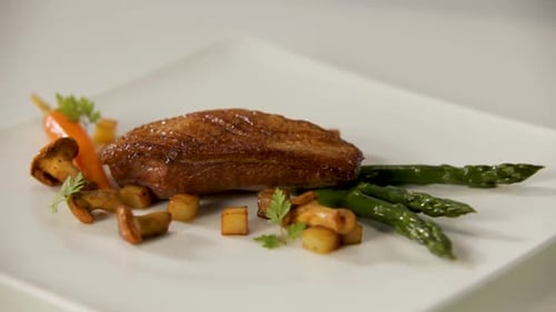 Close-up of a gourmet dish featuring roasted meat with asparagus and mushrooms
