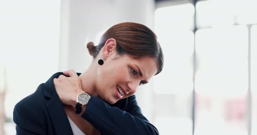 Business, woman and discomfort with neck pain in office for muscle strain, inflammation and burnout