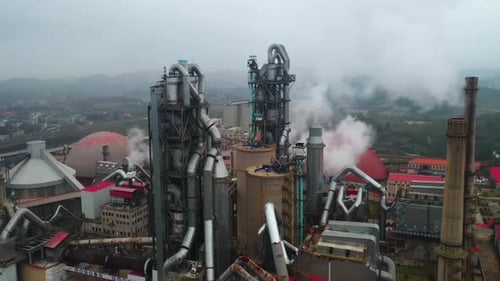 Environment generation factory power plant chimneys landscape, industrial area. Close-up of a smokin