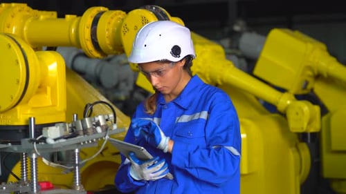 Female technician programs a robot arm with a digital tablet and assembly robot in a factory. Appren