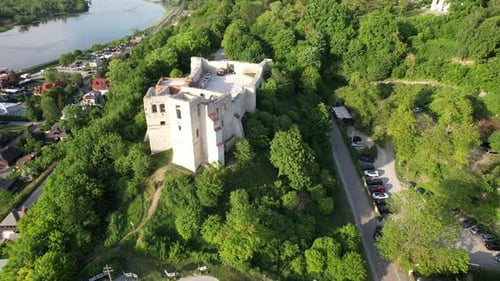 Romanesque castle complex with viewing terraces and an observation tower in Kazimierz Dolny City. Ae