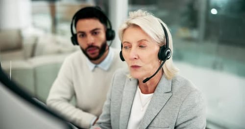 Call center, customer service and mentor with consultant in office for crm training with headset
