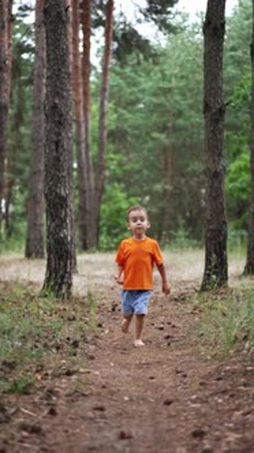 Das Kind läuft barfuß auf dem Waldweg mit vielen Tannenzapfen entlang.